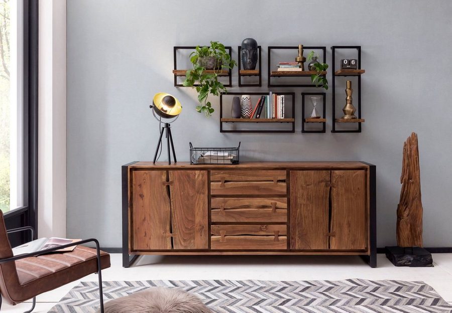 SIT Sideboard Florenz Akazienholz Kommode mit Baumkante & Metallgestell, Akazienholz mit natürlichen Holzkanten & Metallgestell