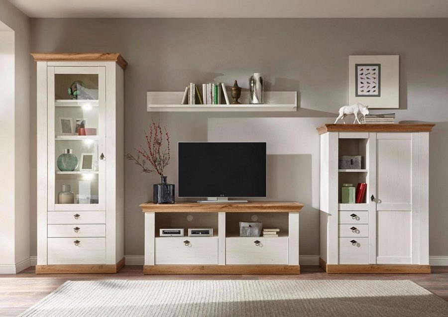 Home affaire Wohnwand Cremona, Anbauwand im Landhausstil, Komplettset, Wohnzimmer-Set, enthält Vitrine, Lowboard, Stauraumelement und Wandboard, 356 cm breit