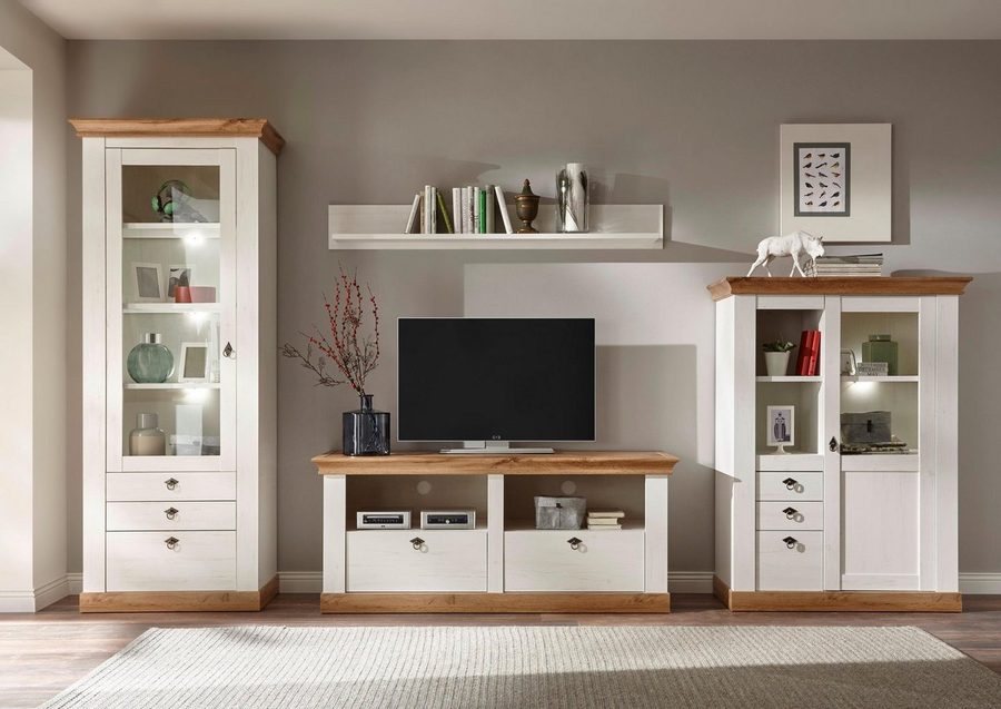 Home affaire Wohnwand Cremona, Anbauwand im Landhausstil, Komplettset, Wohnzimmer-Set, enthält Vitrinen, Lowboard und Wandboard, 356 cm breit