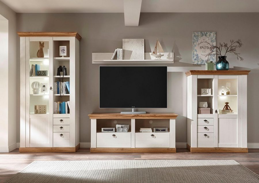 Home affaire Wohnwand Cremona, Anbauwand im Landhausstil, Komplettset, Wohnzimmer-Set, enthält Vitrinen, Lowboard und Wandboard, 376 cm breit