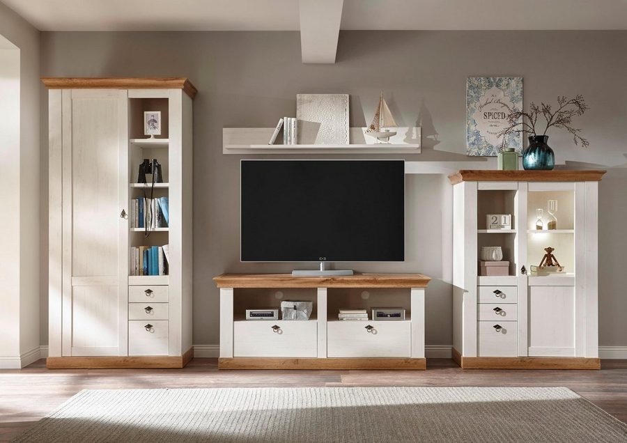 Home affaire Wohnwand Cremona, Anbauwand im Landhausstil, Komplettset, Wohnzimmer-Set, enthält Vitrine, Lowboard, Stauraumelement und Wandboard, 376 cm breit