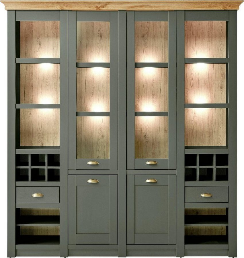 Home affaire Buffet Cambridge, Hochschrank im Landhausstil, moderner Schrank,Küchenschrank schöne Kranzoptik, messingfarbene Metallgriffe, 194 cm breit