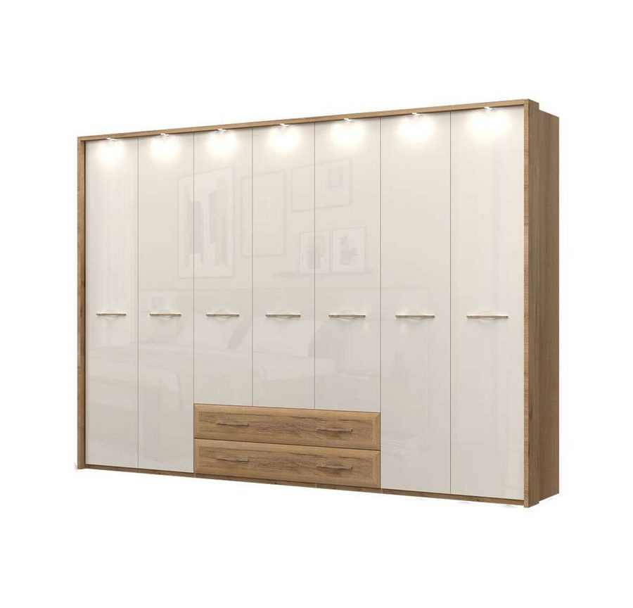 OTTO home Kleiderschrank Gala, beige hochglänzend UV lackiert, kratzfest, FSC-zertifiziert (abgerundete Schubladen aus MDF im Holzdekor, soft-close) mit Beleuchtung und Passpartourahmen, hoher Schrank (224cm), 4 Breiten
