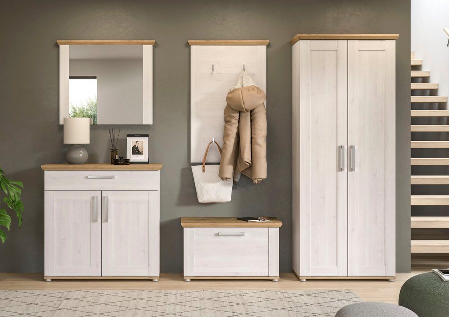Home affaire Garderoben-Set COSENZA, Breite ca. 285 cm, 5-teilig, in Landhausoptik, (5-St., Garderobenschrank, Sitzbank, Garderobenpaneel, Schuhschrank, Spiegel), Garderobenkombination, Kombination, Diele, Garderobe, Garderobenmöbel