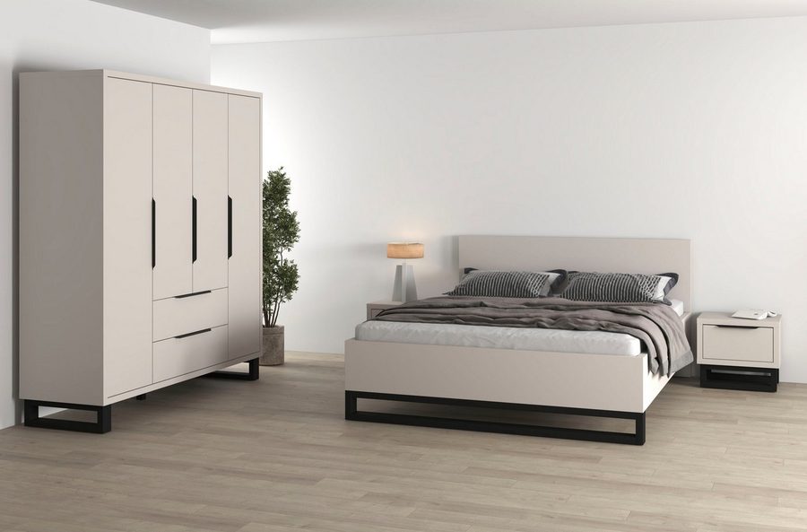 Home affaire Schlafzimmer-Set Bronne,Komplettschlafzimmer (Set,4-St), (4-tlg), Schlafzimmer-Set,Schrank 4Trg 2xNako, Bett180/200, Kufen Metalloptik