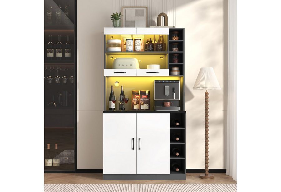 Flieks Küchenbuffet Hochschrank mit LED-Beleuchtung und Glastüren (100x47x187 cm, 1-St., höhenverstellbare seitliche Ablagefächer) Küchenschrank mit Arbeitsplatte Mehrzweckschrank Highboard von Flieks