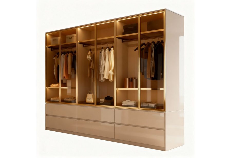 Palms-Store Kleiderschrank Luxemburg 6-Türig Glastüren mit goldfarbenen Glasrahmen (Spar-Set) Breite: 300 cm, Tiefe: 62 cm, Höhe: 218 cm, inkl. Zubehör