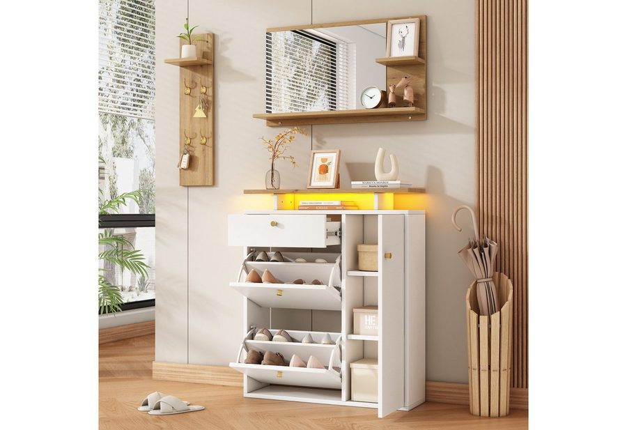 Flieks Garderoben-Set Schuhschrank mit LED, Wandregal mit Kleiderhaken, Spiegel mit Ablagen, (3-St), Flurmöbel-Set Weiß&Holzoptik, Schuhkommode mit Klappen und Schubladen von Flieks