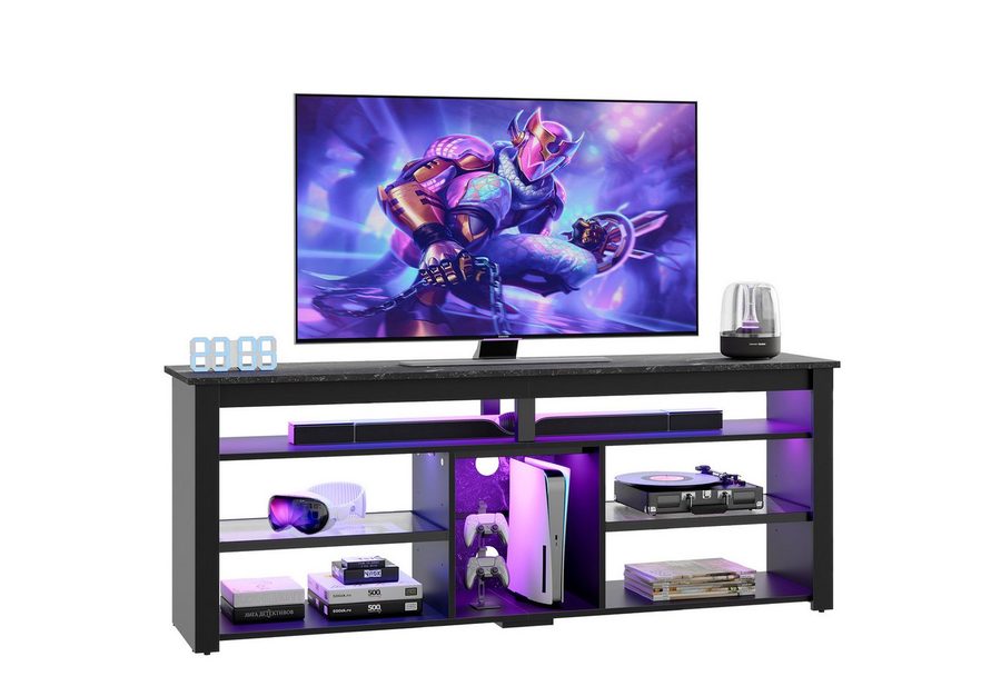 Bestier Lowboard TV-Schrank, Sideboard, Gaming TV Board mit LED-Beleuchtung (Breite 160 cm Fernsehtisch, 1 St, TV-Ständer für 55/60/65/70 Zoll Fernseher, mit 366 Dynamische Modi LED), Medien-TV Cabinet mit verstellbarem Regal, Weißer Marmor/Schwarze von Bestier