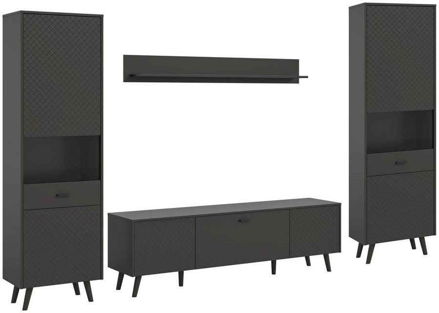 xonox.home Wohnwand Wohnkombination Linea, (4tlg. Set bestehend aus 2x Vitrine, Lowboard, Wandboard), Grau Matt Push To Open Melamin Modern 331x195x40 cm