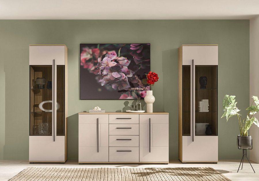 Home affaire Wohnwand Cantara, Anbauwand, Wohnzimmer-Set, in Eiche Evoke, Weiß oder Kaschmir, (Set), enthält zwei Vitrinen und ein Sideboard