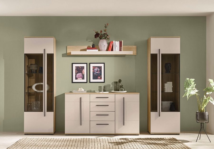 Home affaire Wohnwand Cantara, Anbauwand, Wohnzimmer-Set, in Eiche Evoke, Weiß oder Kaschmir, (Set), enthält zwei Vitrinen, ein Sideboard und ein Wandboard