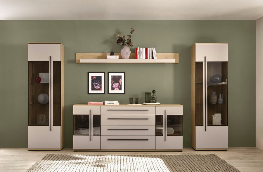 Home affaire Wohnwand Cantara, Anbauwand, Wohnzimmer-Set, in Eiche Evoke, Weiß oder Kaschmir, (Set), enthält zwei Vitrinen, ein Sideboard und ein Wandboard