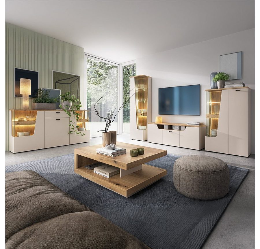 Lomadox Wohnzimmer-Set CARMONA-129, (Mega-Spar-Set, 5-St., Couchtisch Highboard Lowboard Sideboard Vitrine), in Kaschmir und Eiche, inkl. LED-Beleuchtung