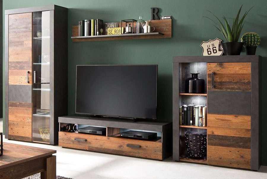 trendteam Wohnwand Wohnwand Indy, Old Used Wood / Matera grau, 4-teilig, Shabby Look, (4-St)