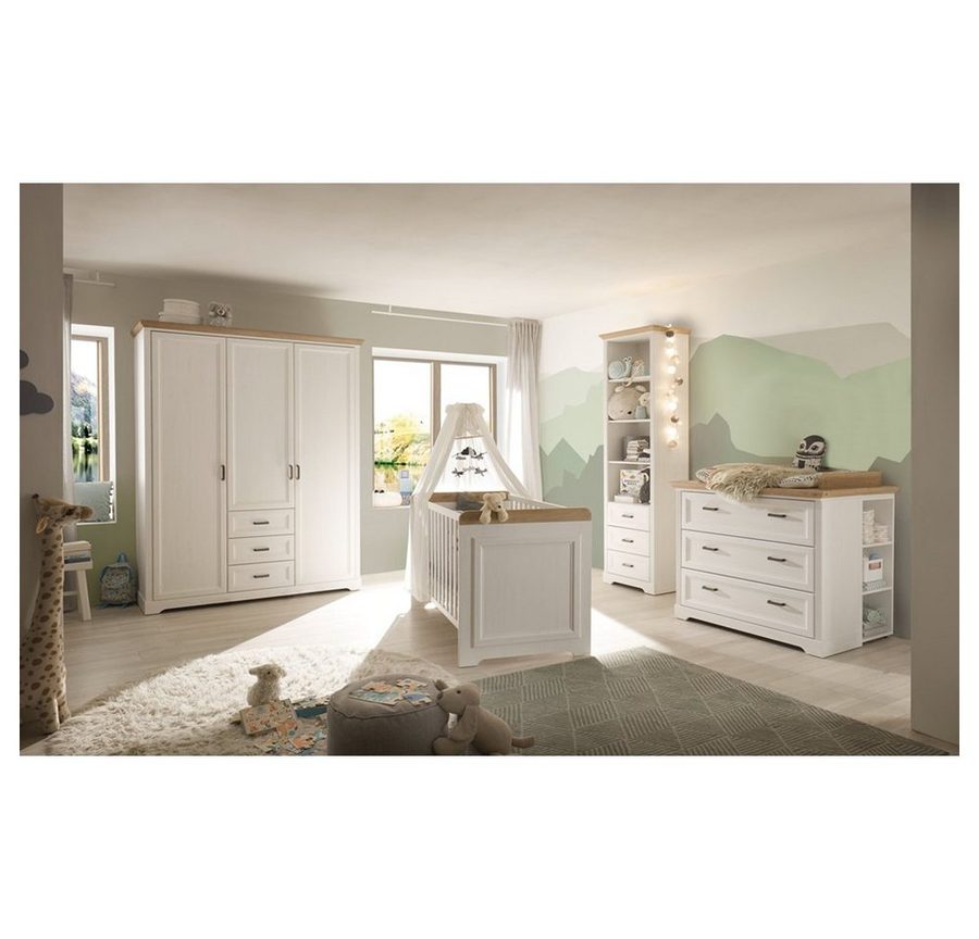 Lomadox Babyzimmer-Komplettset JASPER-78, (4-tlg), Anderson Pine Nb. weiß, Eiche Nb.,Bett, Schrank, Kommode, Standregal