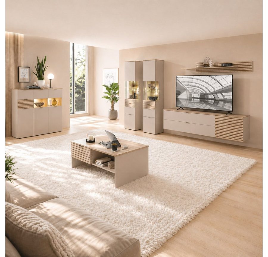 Lomadox Wohnzimmer-Set ISCHIA-36, (Mega-Spar-Set, 7-St., Highboard Vitrinen Lowboards Wandregal Couchtisch), in Beige mit Eiche, inkl. Beleuchtung, Lamellenoptik