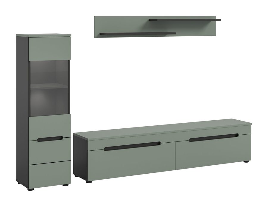 furnling Wohnzimmer-Set Cano, (3-St., Lowboard, Vitrine, Wandboard), Wohnzimmermöbel, mit LED-Beleuchtung, Breite 221 cm