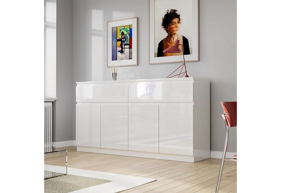 FUFU&GAGA Kommode Weiß PET Hochglanz Serie, 80-180 cm breit, Kommode Modern von FUFU&GAGA