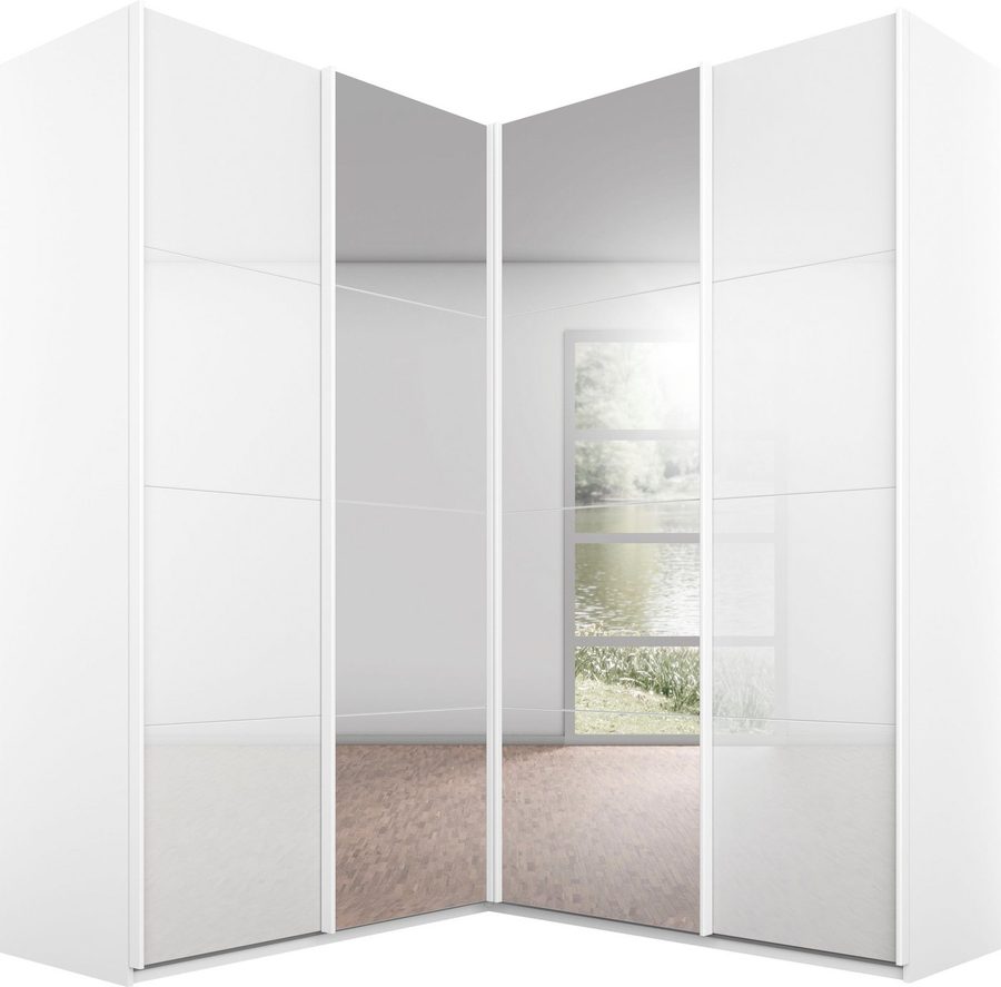 rauch Schwebetürenschrank Kleiderschrank Garderobe Eckkleiderschrank QUADRA mit edler Glasfront (in den Höhen 210/229 cm, inkl. Soft-Close-Funktion) großer Eckschrank mit viel Stauraum, Maß 181x187 cm MADE IN GERMANY