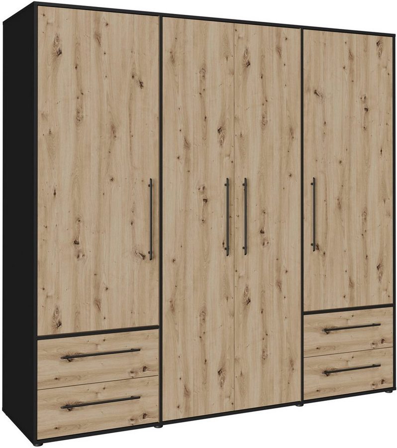 FORTE Kleiderschrank Mokkaris, Garderobe, zeitloses Design, 4 Türen, Made in Europe (B/H/T ca. 206x200x59cm) 4 Schubladen + schwarze Stangengriffe, Made in Europe, viel Stauraum von FORTE