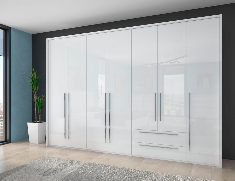 OTTO home Drehtürenschrank Piano, inklusive Rahmen und Beleuchtung, soft-close-Funktion (viele Breiten zur Auswahl, 226cm hoch, mit jeweils 2 Schubladen) beige oder weiß, UV lackiert, Hochglanzfronten, FSC-zertifiziert