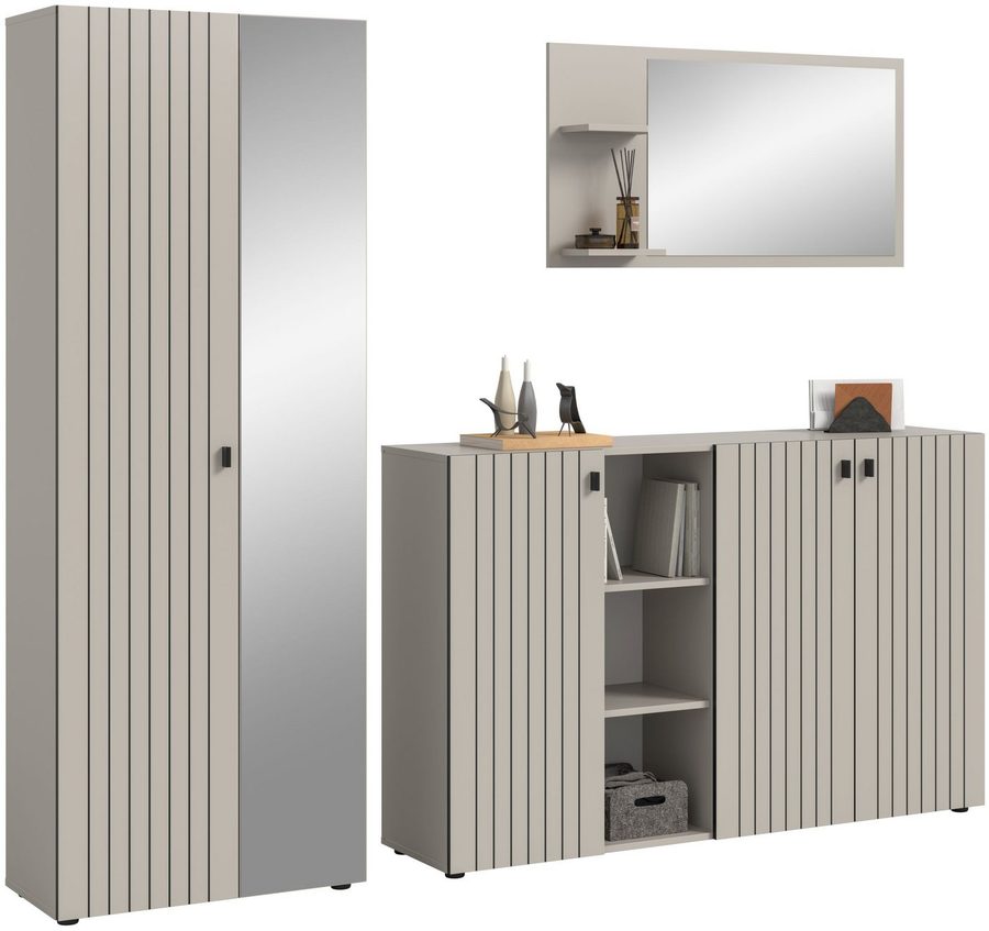 xonox.home Garderoben-Set, (3-tlg. Garderobenschrank, Schuhkommode & Garderobenspiegel), in Kaschmir Nachbildung B/H/T ca.: 235/192/37 cm