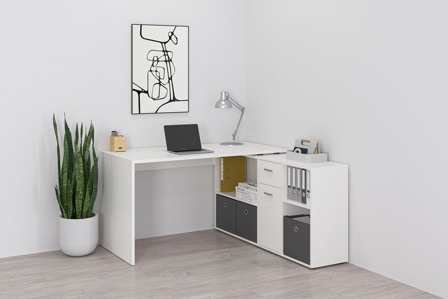 FMD Eckschreibtisch Lexo, Schreibtisch/Sideboard viel Stauraum, beidseitig montierb., 136/205 cm von FMD