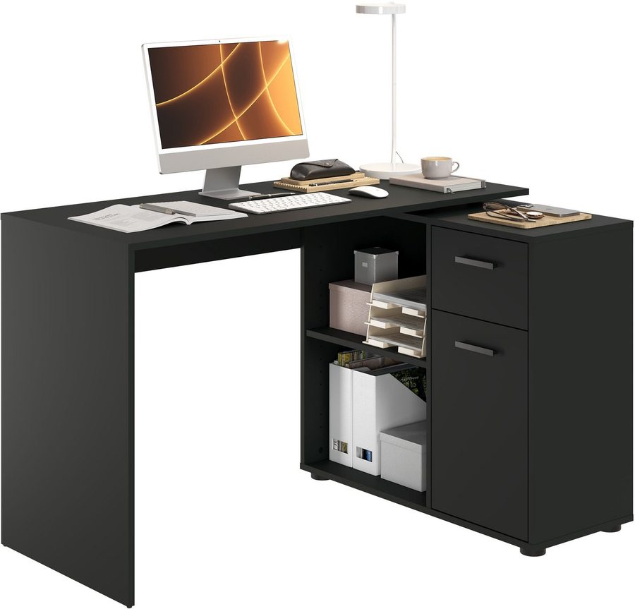 FMD Eckschreibtisch AUGSBURG, Schreibtisch/ Sideboard m. Stauraum, beids. montierb., 117 oder 148 cm von FMD