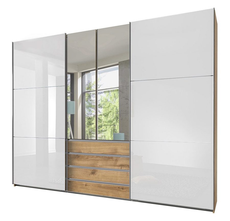 Lomadox Kleiderschrank MIDLAND-43 in Eiche Schwebetüren mit Glasfront weiß Spiegeltüren 300x236x65 cm