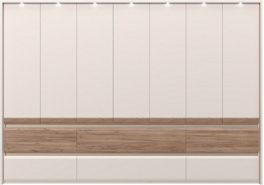 OTTO home Kleiderschrank Invictus, UV lackiert, kratzfest, FSC-zertifiziert, grifflose Optik (abgerundete Schubladen aus MDF im Holzdekor, soft-close) mit Beleuchtung und Passpartourahmen, hoher Schrank (226cm), 6 Breiten