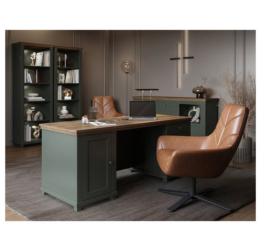 Lomadox Büromöbel-Set EPSOM-83, (Spar-Set, 4-tlg., Schreibtisch Sideboard Aktenregal), in grün mit Lefkas Eiche, Rückwand mit Lamellen Optik, Softclose