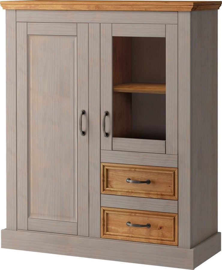 OTTO home Highboard Selma Vitrine mit 2 Türen, eine davon mit Glaseinsatz und 2 Schubläden, aus massivem Kiefernholz, mit einer natürliche Maserung, Metallgriffe von OTTO home