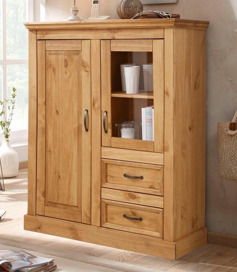 OTTO home Highboard Selma Vitrine mit 2 Türen, eine davon mit Glaseinsatz und 2 Schubläden, aus massivem Kiefernholz, mit einer natürliche Maserung, Metallgriffe von OTTO home