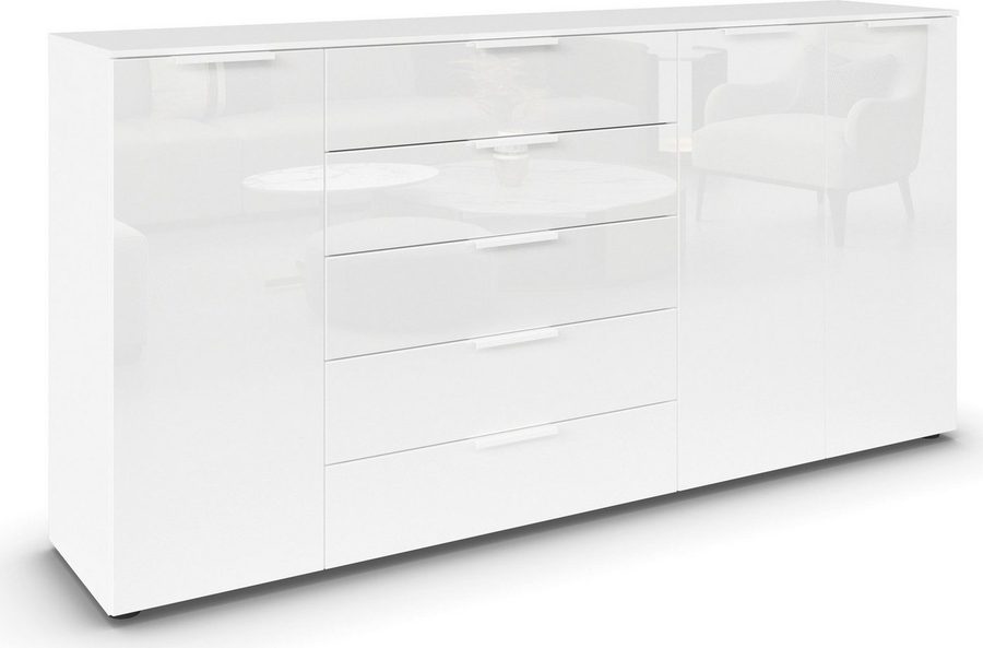 rauch Kombikommode Kommode Türkommode Sideboard Kombikommode FLIPP mit Glasfront (Breite 200 cm mit 4 Einlegeböden), 3-türig mit 5 Schubladen und Soft-Close-Funktion sowie Glasfront