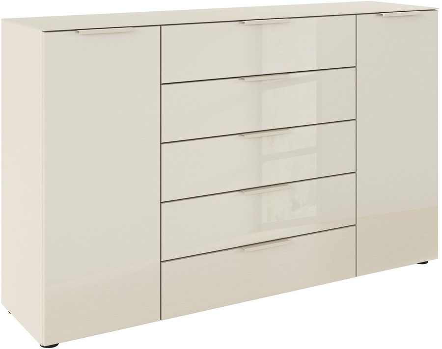 rauch Schubkastenkommode Kommode Türkommode Sideboard Kombikommode FLIPP mit Glasfront (Breite 160/180 cm mit 4 Einlegeböden), 2-türig, 5 Schubladen, Soft-Close, Oberboden und Front Glas, 2 Breiten