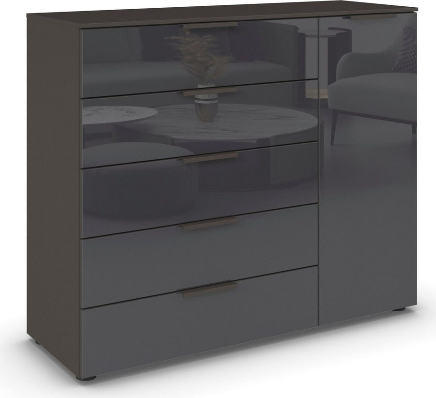 rauch Schubkastenkommode Kommode Türkommode Sideboard Kombikommode FLIPP mit Glasfront (Breite 120 cm mit 2 Einlegeböden), 1-türig mit 5 Schubladen und Soft-Close-Funktion sowie Glasfront