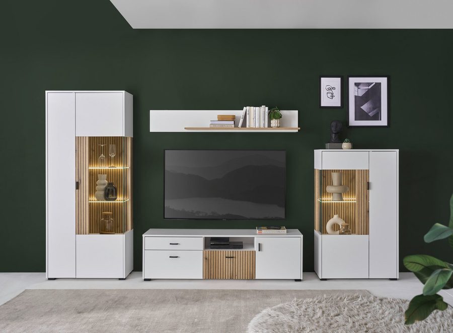 Home affaire Wohnwand HUDSON, (Set, 4-St), mit moderner Rillenoptik, Griffe aus Metall (Schwarz), Breite 320 cm