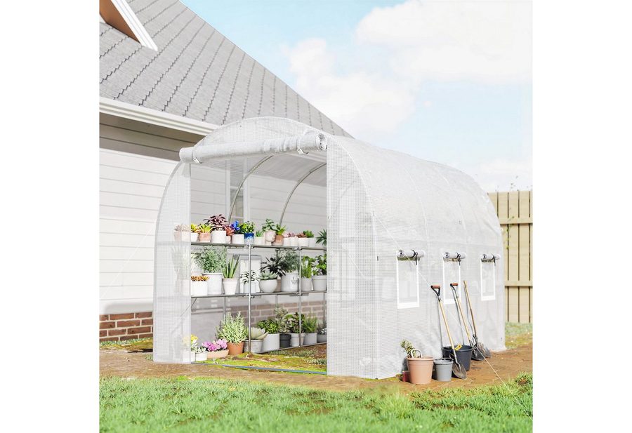 Outsunny Foliengewächshaus Gewächshaus mit Regalen, rollbar, UV-beständig, Tomatenhaus, BxTxH: 198 x 275 x 191 cm, BxLxH: 25 x 273 x 191 cm, 0.5 mm Wandstärke, Gewächshaus 3-St., Folientunnel, Weiß von Outsunny
