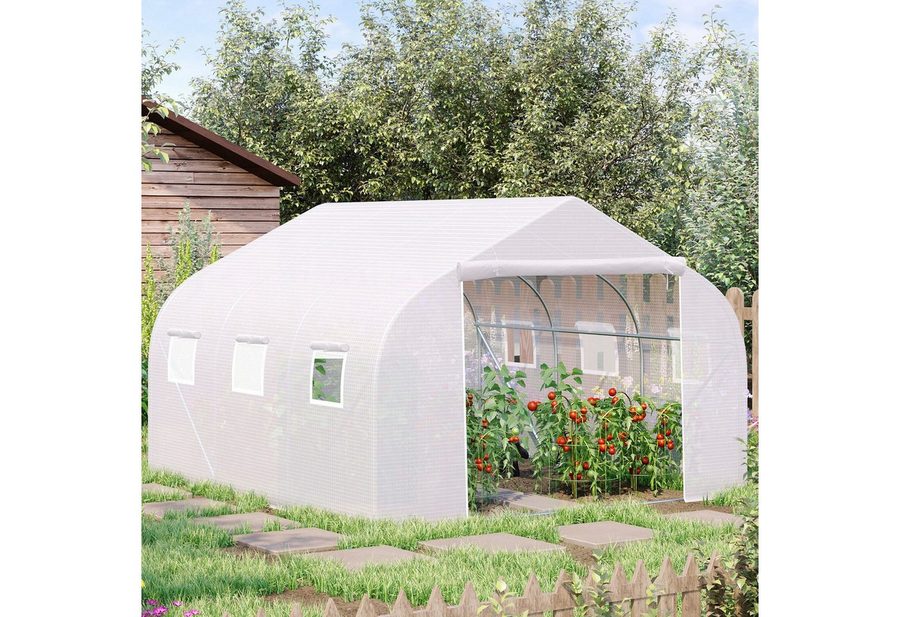 Outsunny 3,50 x 3m Tunnelgewächshaus Treibhaus 6 Fenster große Tür Weiß von Outsunny
