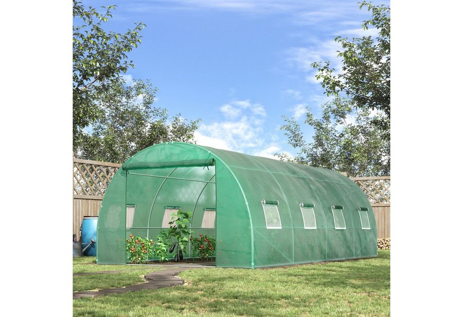 Outsunny Gewächshaus 5,9 x 3 x 2 m Foliengewächshaus mit 8 Fenster, Rolltür UV-beständig von Outsunny