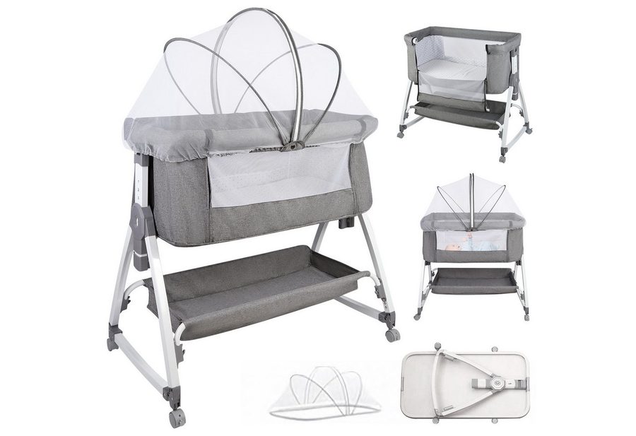 JEOBEST Beistellbett 3 in 1 Babybett, Schaukelmodus, mit atmungsaktivem Netz und Laken, mit Rollen Kinderbett, 6-Fach Höhenverstellung, Moskitonetz, Lagerung von JEOBEST