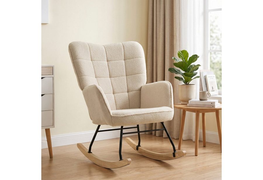 HOMCOM Schaukelstuhl Schaukelsessel, Relaxsessel mit Samtimitat, bis 120kg, Armlehne (Schwingsessel, 1 St), für Wohnzimmer, Beige von HOMCOM