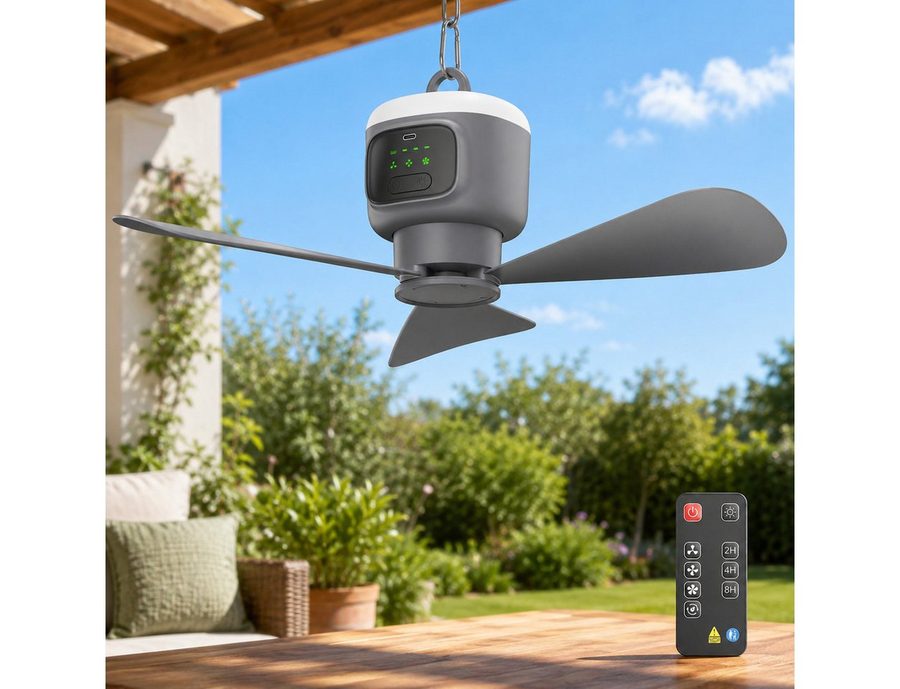 Rosnek Deckenventilator 12000mAh Akku Deckenventilator mit Licht, 4 Geschwindigkeitsstufen, Timer für Outdoor Zelt Terrasse Pavillon Veranda und Wohnmobil von Rosnek
