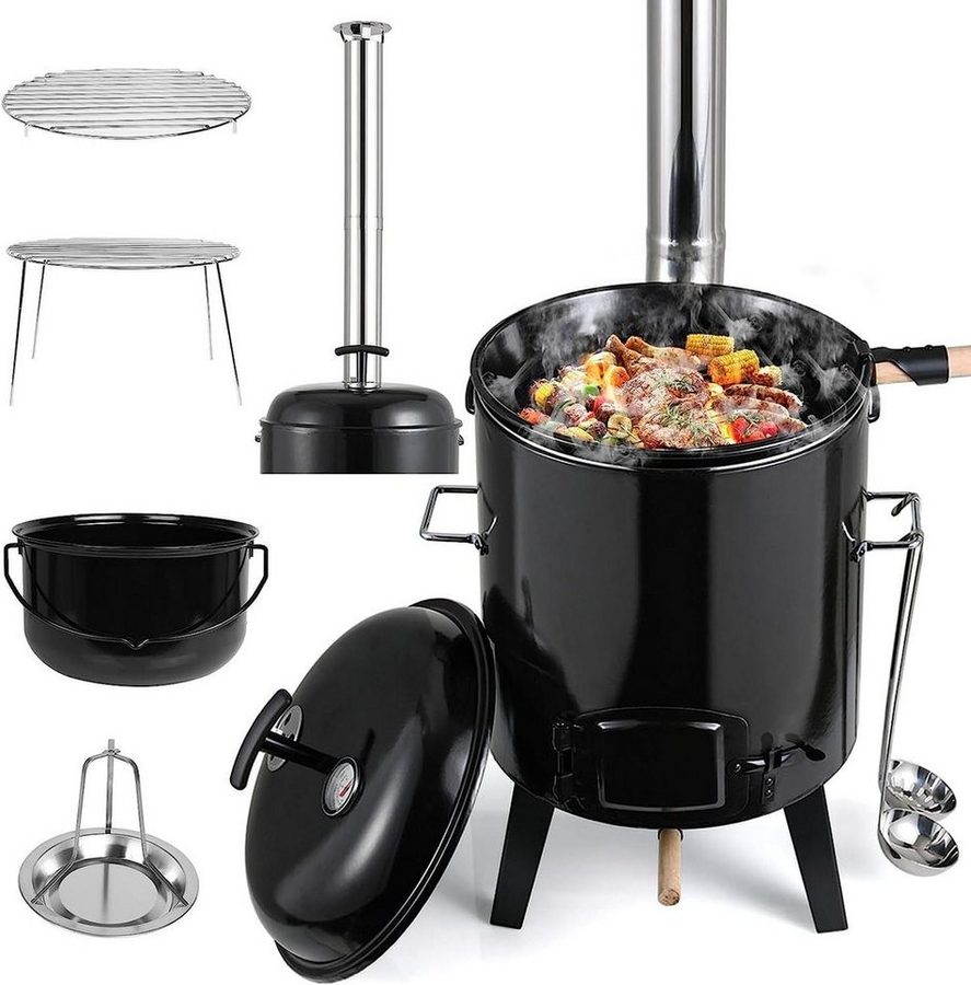 TLGREEN Holzkohlegrill 17+8L Gulaschkanone mit Thermometer & Zubehör, Multifunktionaler Schornsteintopf für Garten, Camping & Outdoor-Kochen, (Grillen, Schmoren, Dampfgaren) von TLGREEN