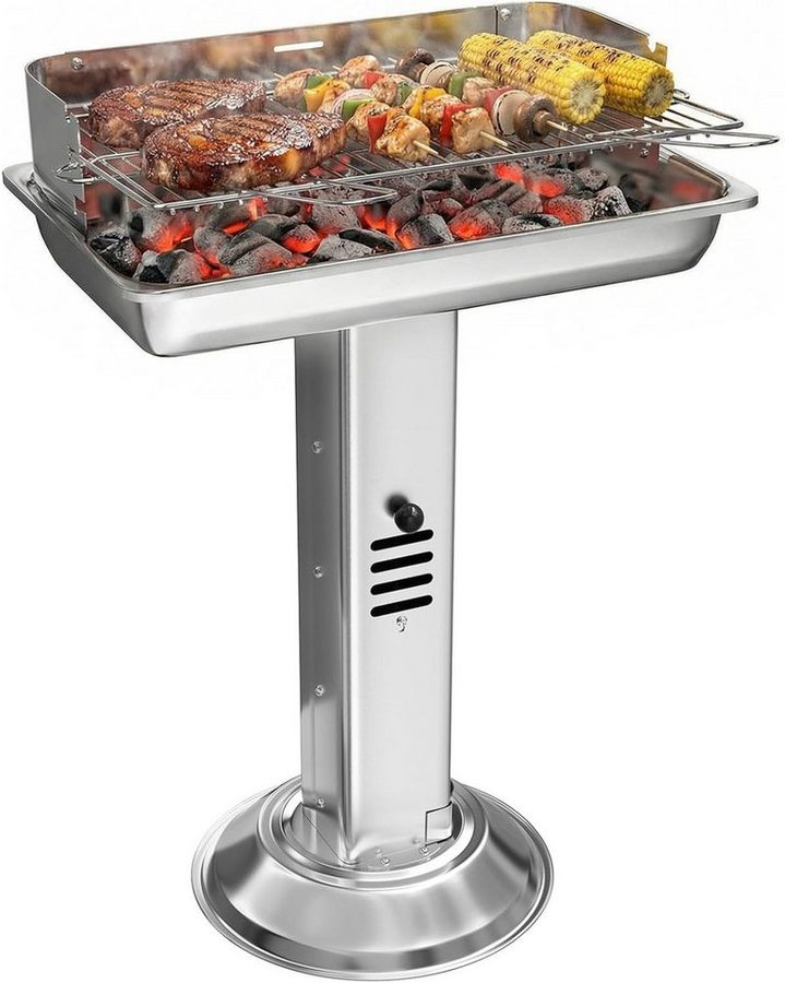 TLGREEN Holzkohlegrill Holzkohlegrill Wetterfest 52x32x84cm, Säulengrill mit 3-fach Höhenverstellbarem, Grillrost Aschekasten Belüftung, Outdoor Camping Garten BBQ Grill für 3-5 Personen von TLGREEN