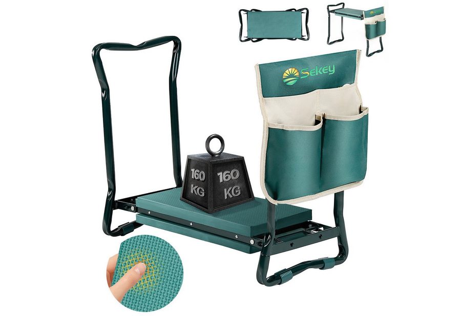 Sekey Kniebank 2 in 1 XXL Kniebank für Gartenarbeit Gepolstert Gartenhocker Klappbar, 2 in 1 Höhenverstellbar Gartenbank mit Werkzeugtasche 60 x 49 x 27,5cm von Sekey