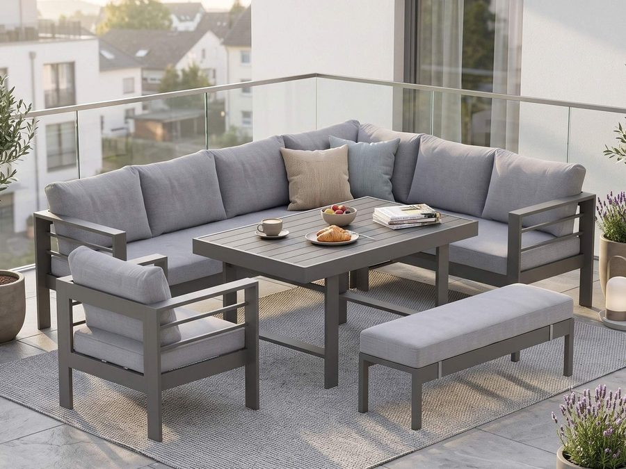 MeXo Gartenlounge-Set XXL Outdoor Lounge Set mit Esstisch, (wetterfeste modulare Ecklounge aus Aluminium, 6-tlg., Gartenmöbel Set für 6-9 Personen), 12cm Deluxe Relax-Sitzkissen, 8 cm breite Armlehne