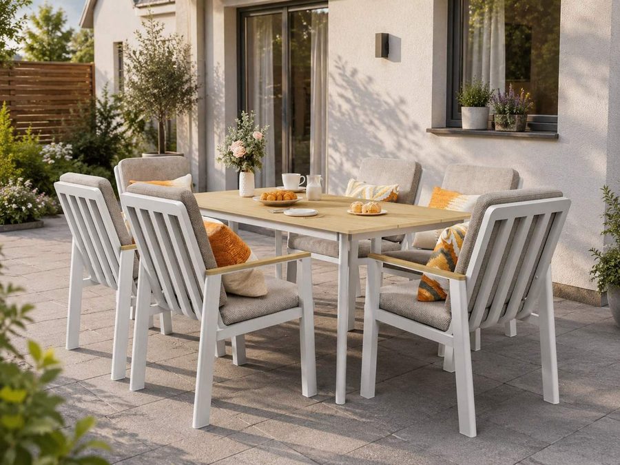 MeXo Gartenlounge-Set Aluminium Gartenmöbel Set, (150 x 80 cm Gartentisch, 7-tlg., mit 6 Stühlen), wetterfeste Essgruppe für Terrasse Balkon Garten