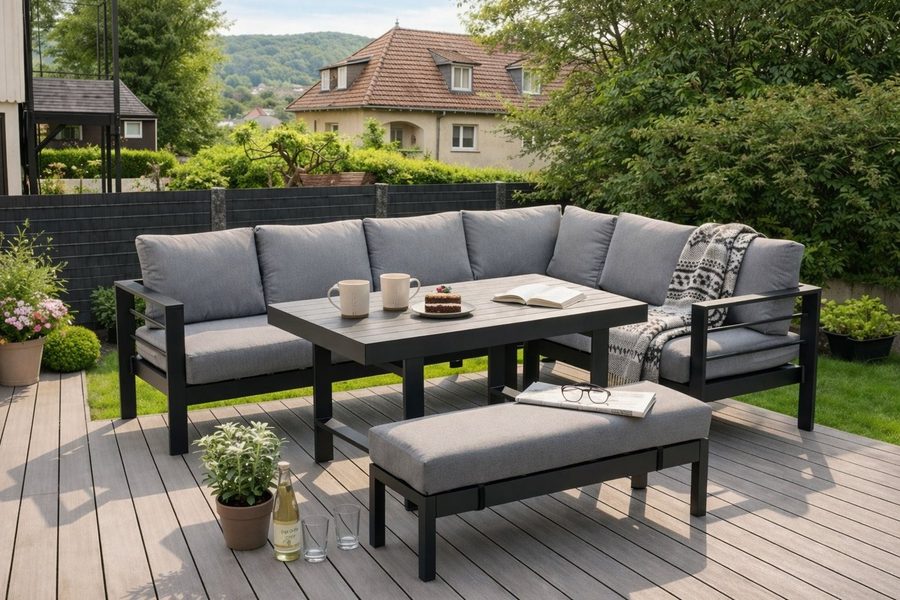 MeXo Gartenlounge-Set XXL Outdoor Lounge Set mit Esstisch, (wetterfeste modulare Ecklounge aus Aluminium, 5-tlg., Gartenmöbel Set für 6-8 Personen), 12cm Deluxe Relax-Sitzkissen, 8 cm breite Armlehne